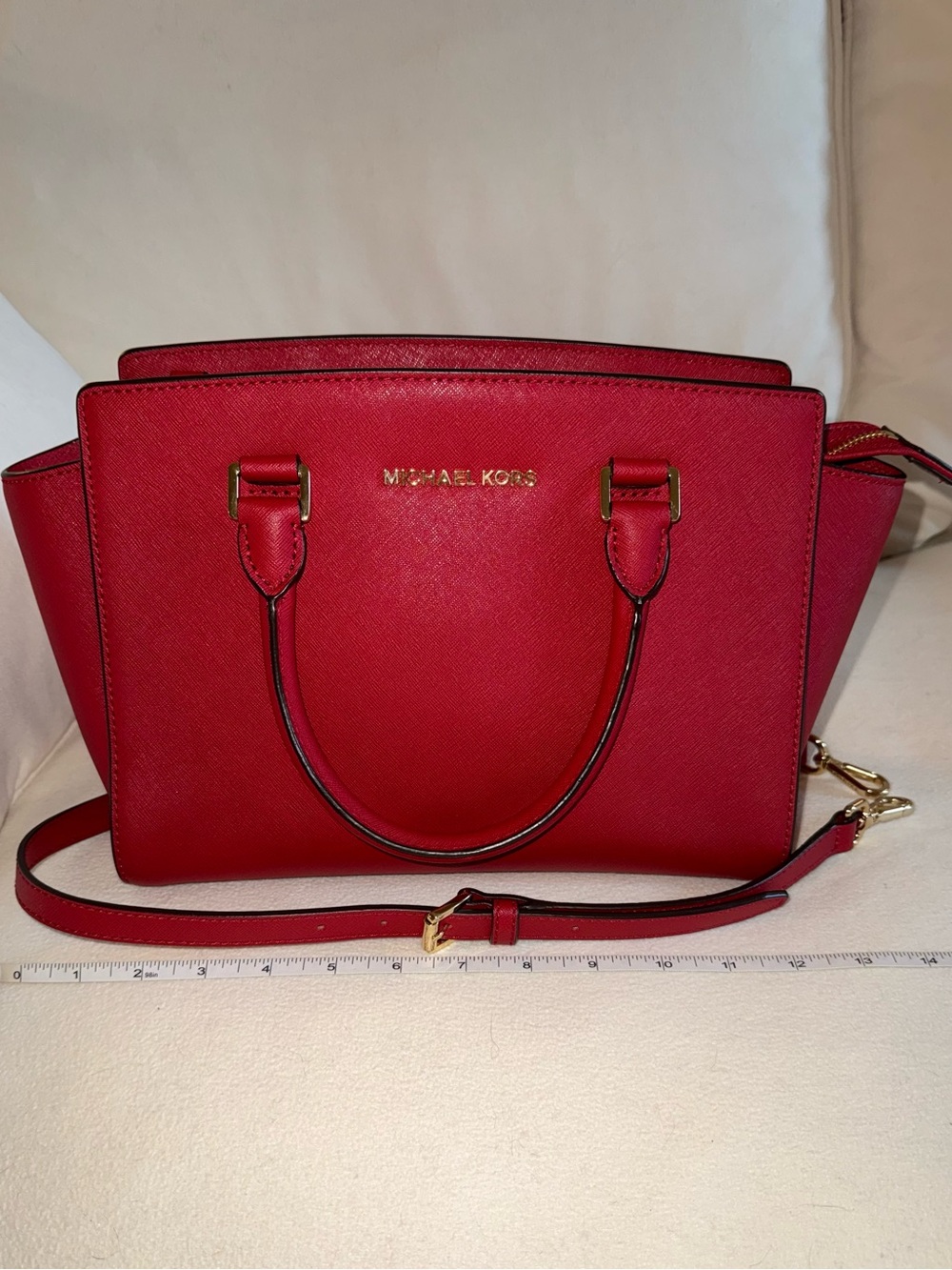 Michael Kors Red Saffiano Leather Satchel with Gold Hardware